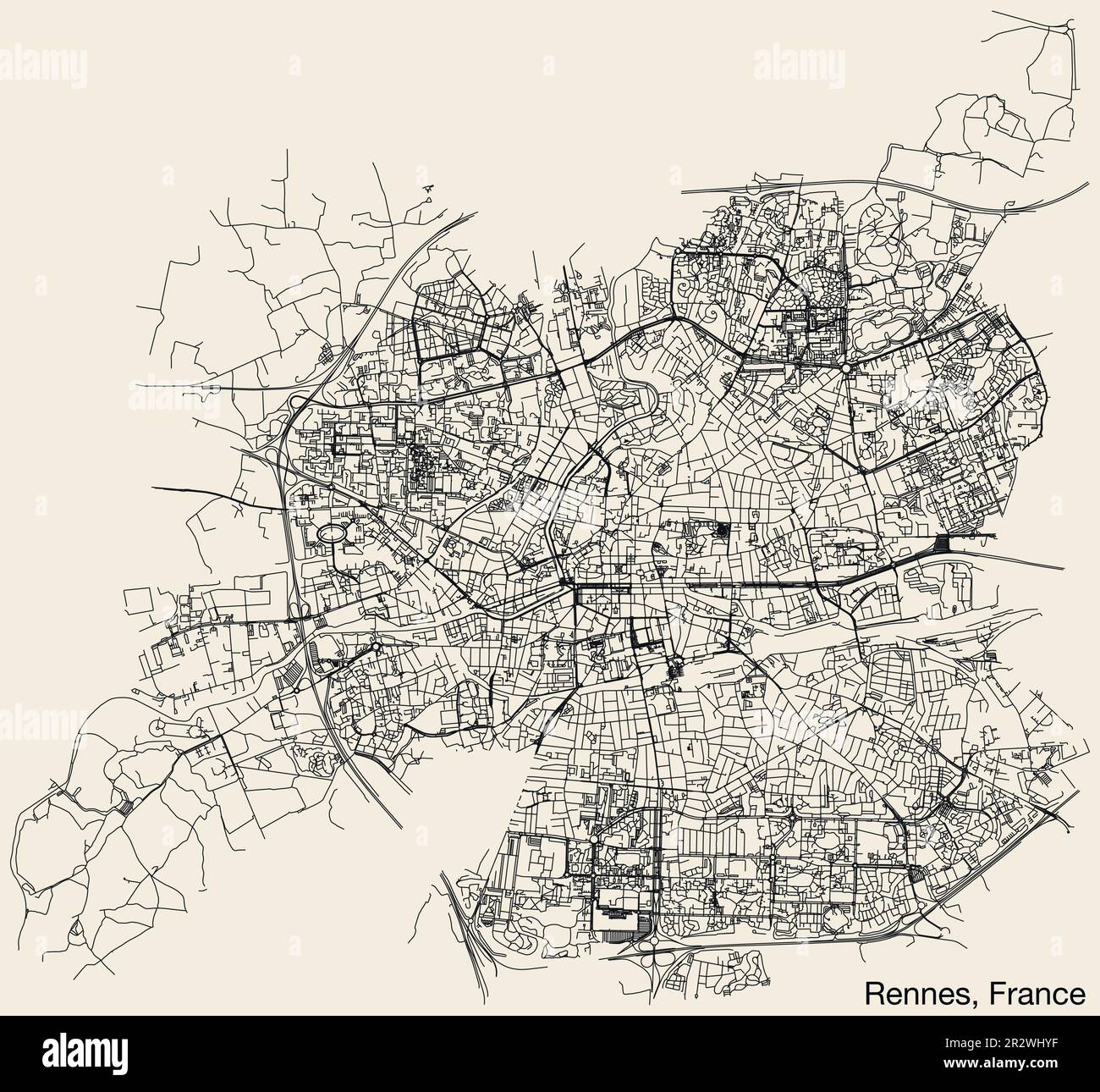 Detaillierte handgezeichnete Straßenkarte der französischen Stadt RENNES, FRANKREICH, mit soliden Straßenlinien und Namensschild auf altem Hintergrund Stock Vektor