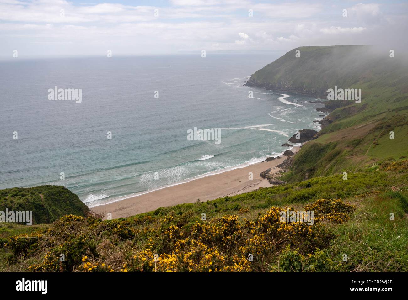 Blick auf Lantic Bay Beach in Cornwall, Großbritannien. Stockfoto