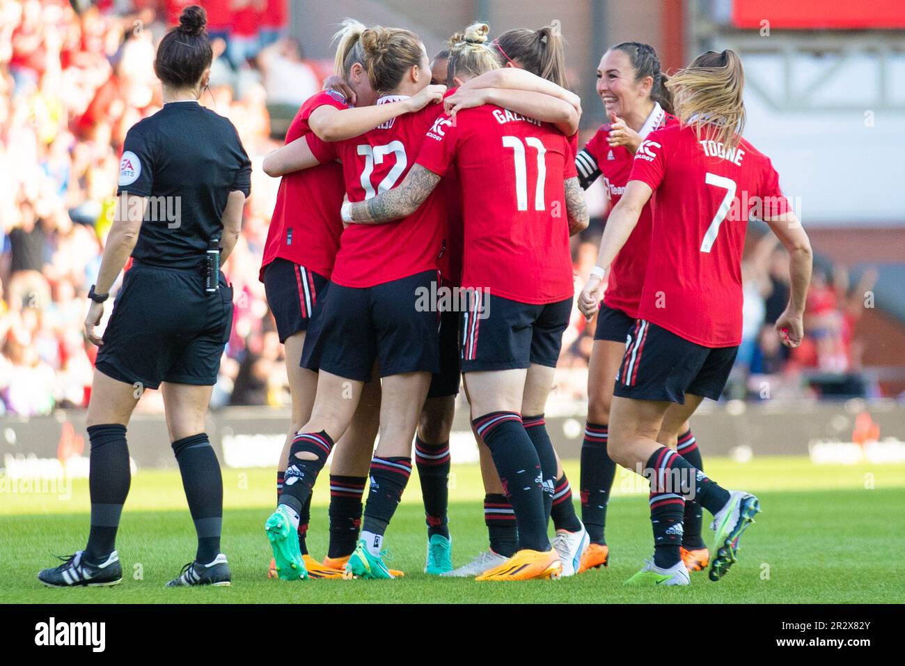 Leigh, Großbritannien. 21. Mai 2023. Hayley Ladd #12 von Manchester United feiert ihr Tor beim Barclays FA Women's Super League-Spiel zwischen Manchester United und Manchester City am Sonntag, den 21. Mai 2023 im Leigh Sport Stadium in Leigh. (Foto: Mike Morese | MI News) Guthaben: MI News & Sport /Alamy Live News Stockfoto