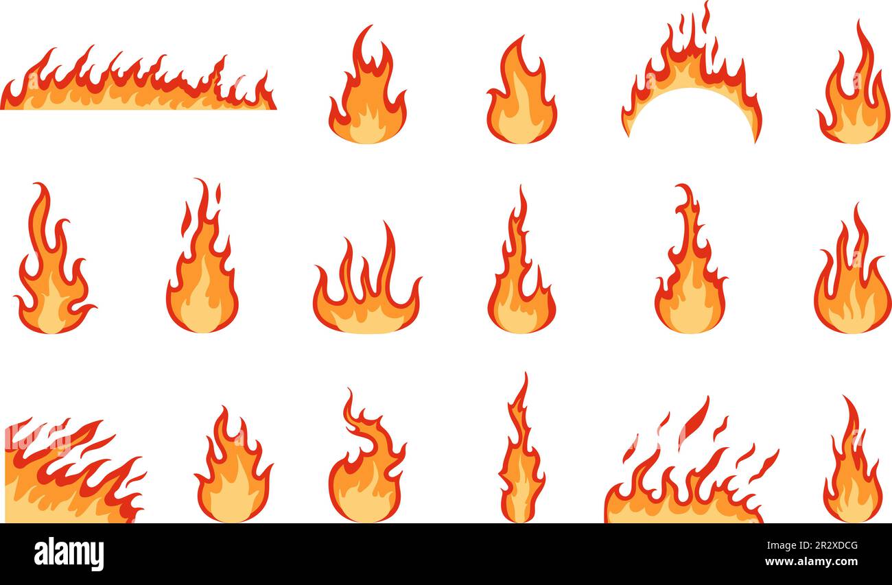 Flache rote Flammen isoliert. Hitze-Feuer-Zeichen, feuert Teufelssymbole. Heißes Lagerfeuer, abstraktes Hitze- und Fieberpiktogramm, anständige Vektorsammlung Stock Vektor