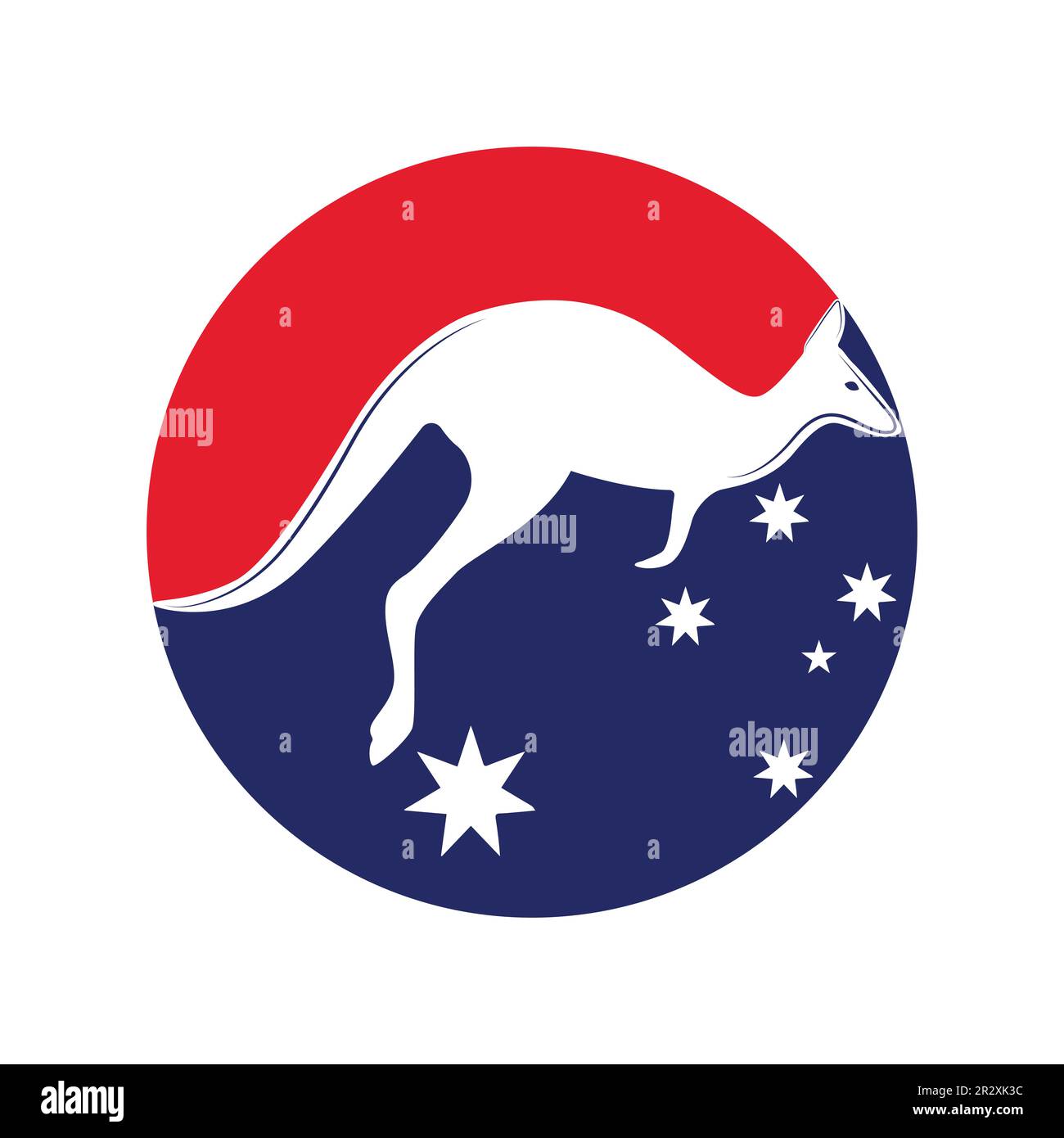 Känguru-Sprung-Logo-Vorlage Vektordarstellung in einer Form von kreisförmigen farben und Sternen der australischen Flagge. Stock Vektor