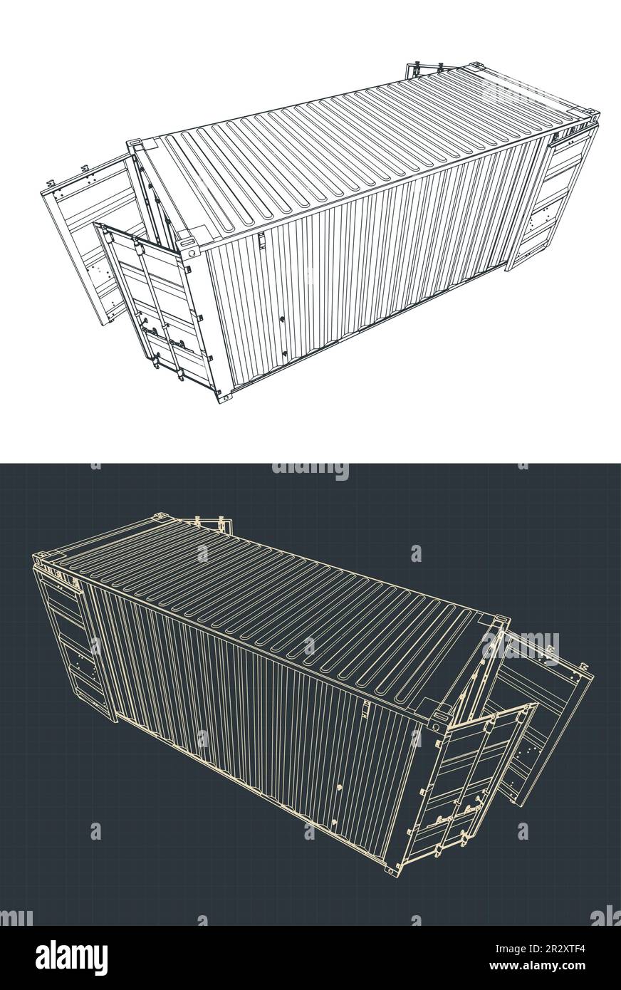 Stilisierte Vektordarstellungen von Zeichnungen eines Frachtcontainers Stock Vektor