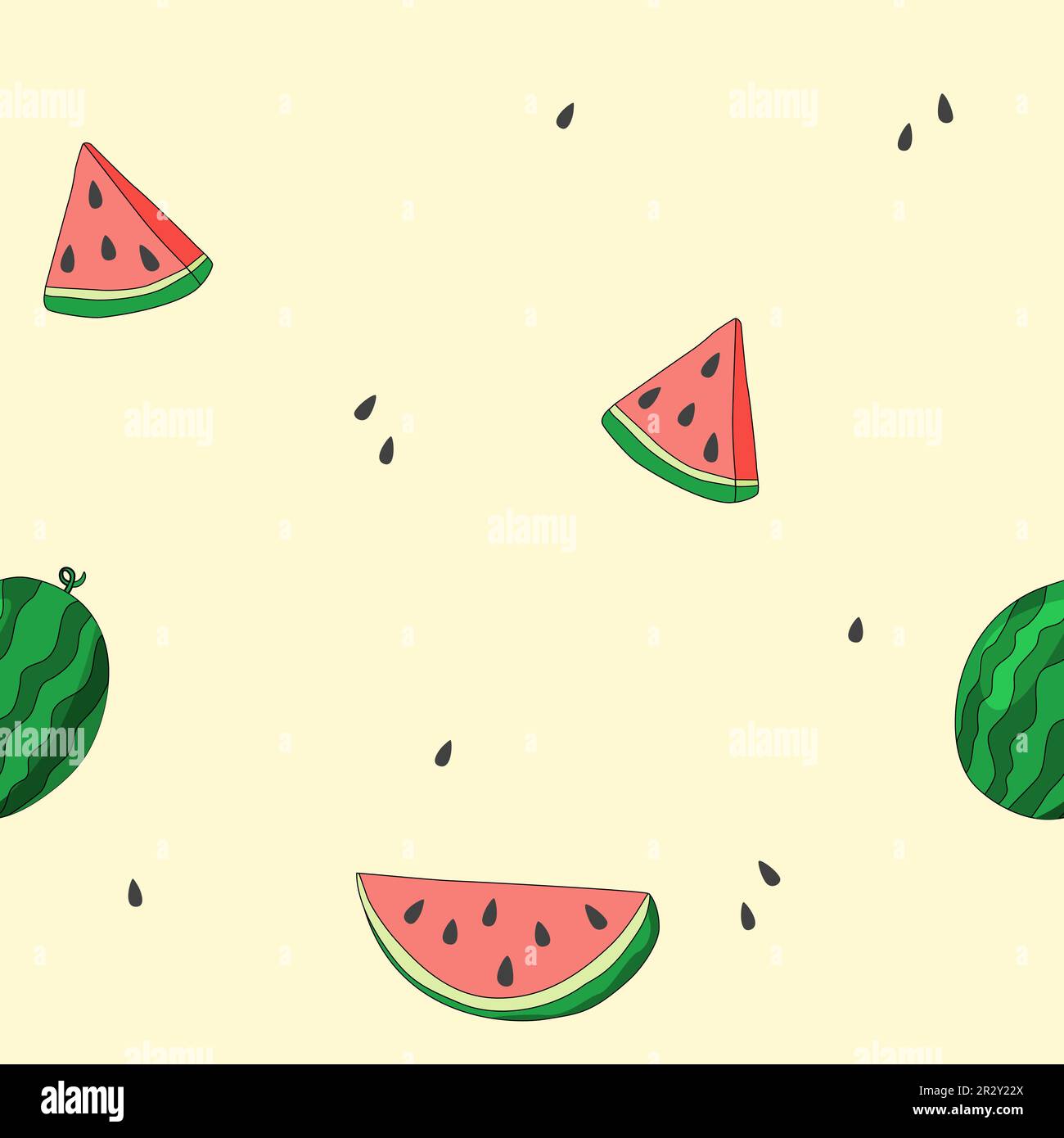 Nahtloses Muster mit frischen, reifen Wassermelonenscheiben und einer ganzen Wassermelone, Vektordarstellung Stock Vektor