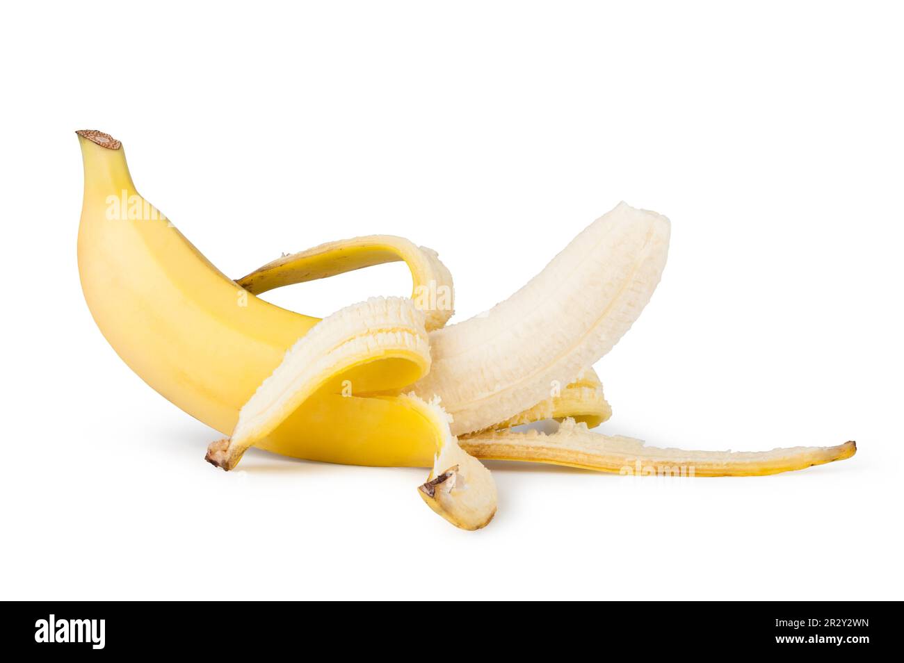 Geschälte Banane auf weißem Hintergrund Stockfoto