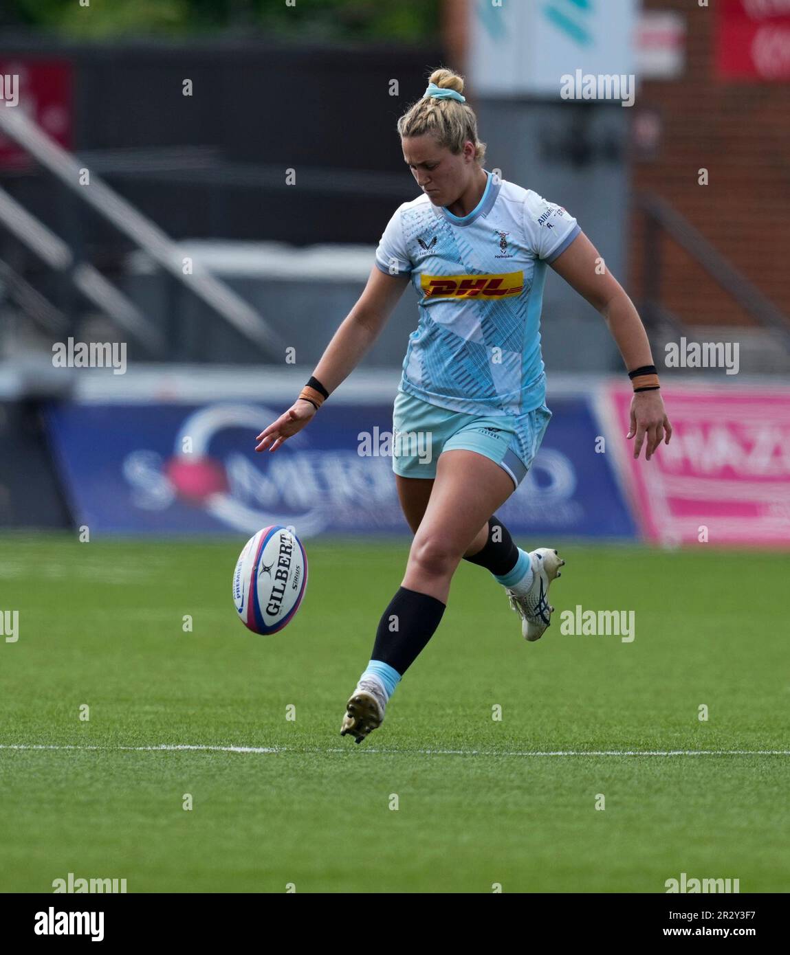 Gloucester, Vereinigtes Königreich, 21. Mai 2023 Bella McKenzie (Harlequins) in Aktion während der Allianz Premier 15 GloucesterHartpury gegen Harlequins im Kingsholm Stadium Gloucester Vereinigtes Königreich am 21 2023. Mai Alamy Live News Endstand: 67-14 Kredit: Graham Glendinning / GlennSports/Alamy Live News Stockfoto