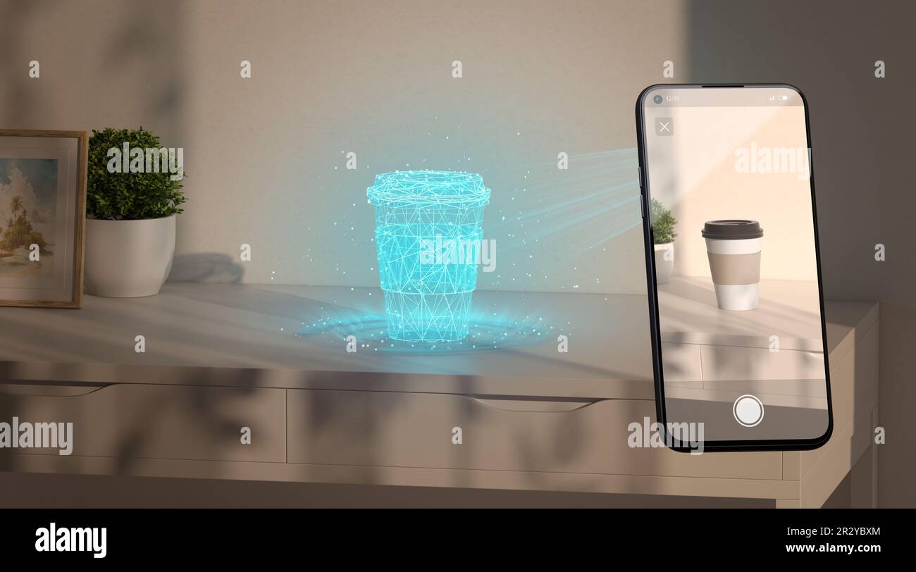 Weiße Tasse Hologramm Stand auf Tisch Telefon Display erweiterte Realität Stockfoto