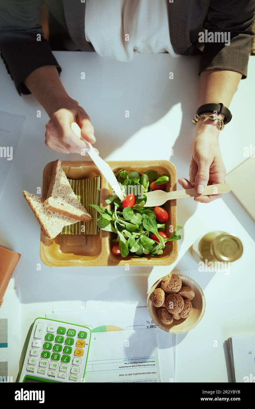 Nachhaltiger Arbeitsplatz. Obersicht einer Buchhalterin im grünen Büro beim Salatessen. Stockfoto