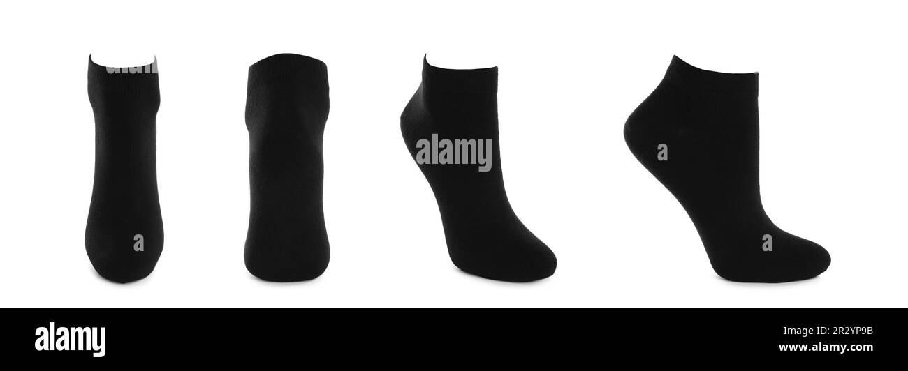 Set mit schwarzen Socken auf weißem Hintergrund. Bannerdesign Stockfoto