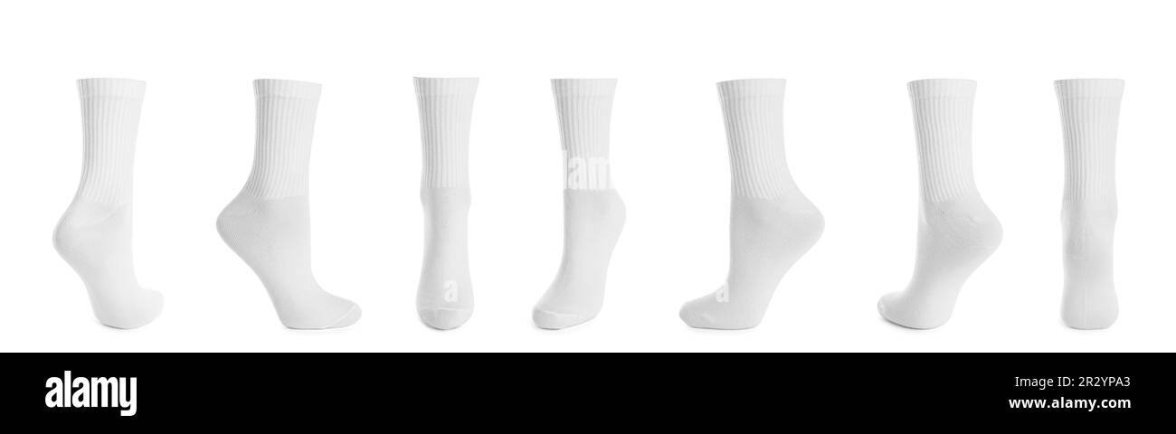 Set mit Socken auf weißem Hintergrund. Bannerdesign Stockfoto