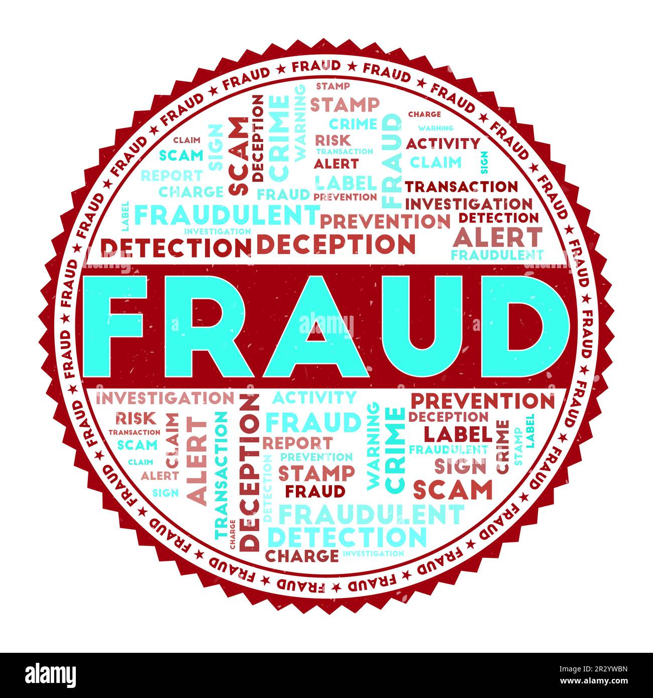 BILD eines BETRUGSWORTS. Betrugskonzept mit Wortwolken und rundem Text. Schöne Farben und Grunge-Textur. Attraktive Vektordarstellung. Stock Vektor