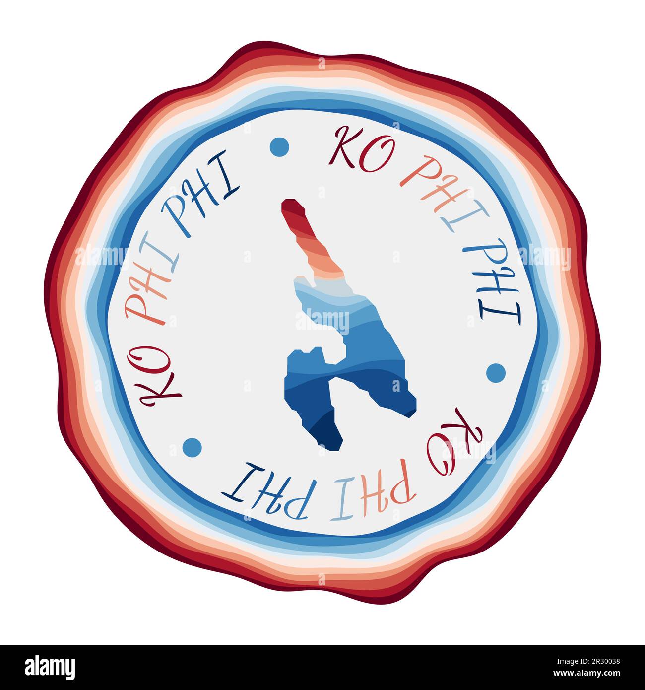 Ko Phi Phi Abzeichen. Karte der Insel mit wunderschönen geometrischen Wellen und leuchtend rotem blauem Rahmen. Leuchtendes rundes Logo. Vektordarstellung. Stock Vektor