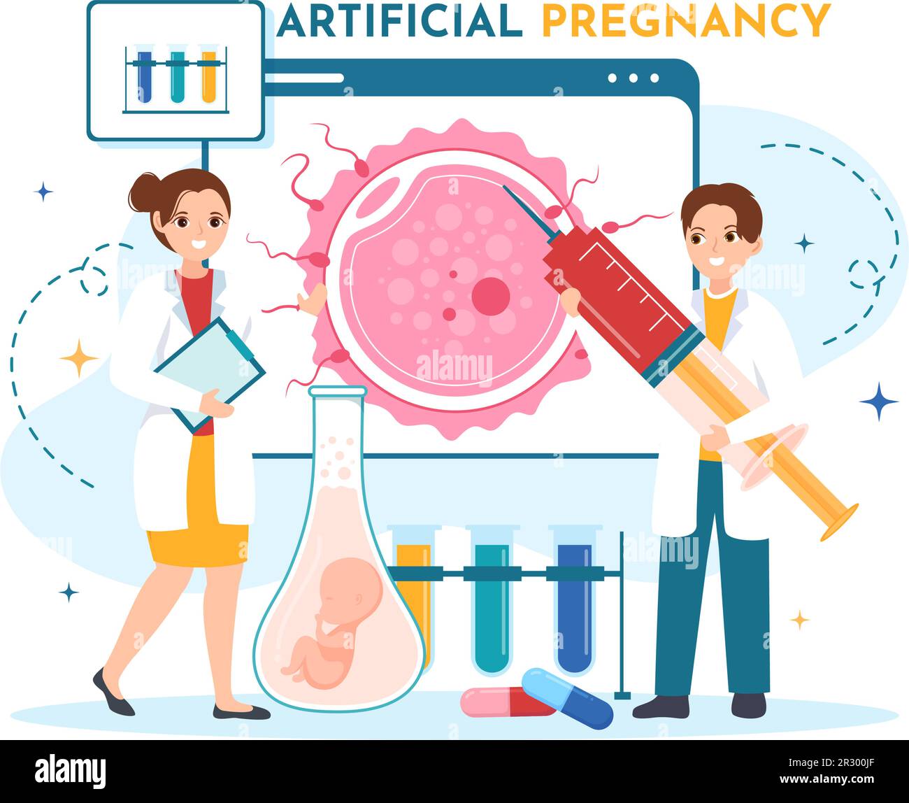 Künstliche Schwangerschaftsvektordarstellung mit Paar nach erfolgreicher Embryoengraftment und Reproduktologie Gesundheit in Cartoon Hand Drawn Templates Stock Vektor