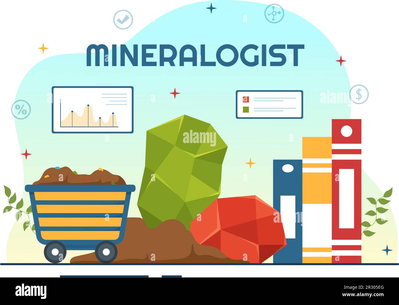 Mineralogist Vector Illustration mit Naturstein- und Mineralstruktur für Schmuck oder chemische Reaktionen in flachen, handgezeichneten Cartoon-Vorlagen Stock Vektor