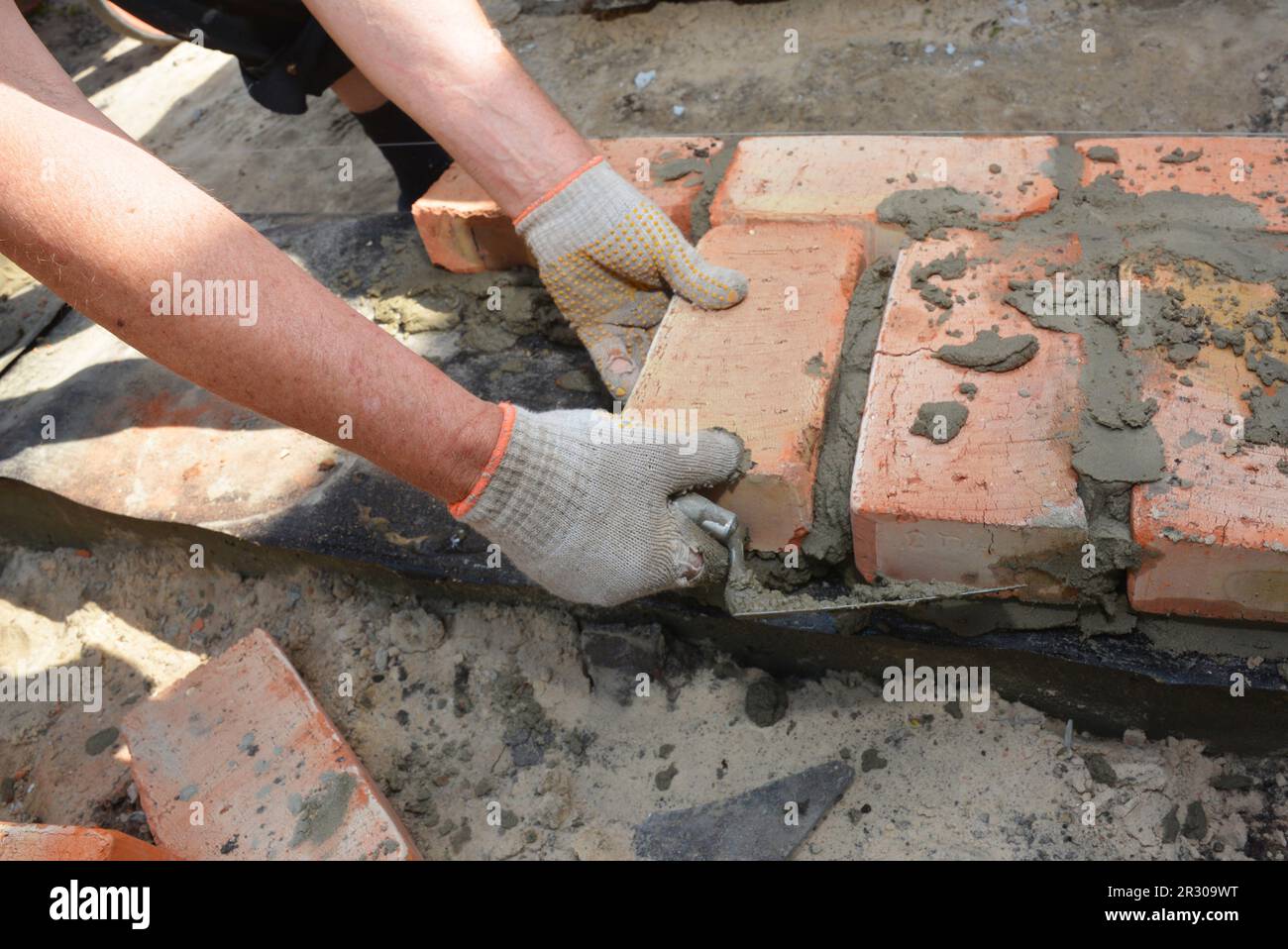 Maurerhände legen den ersten Gang von Ziegeln mit Bitumen-wasserdichter Barriere auf die Hausgrundwand. Stockfoto