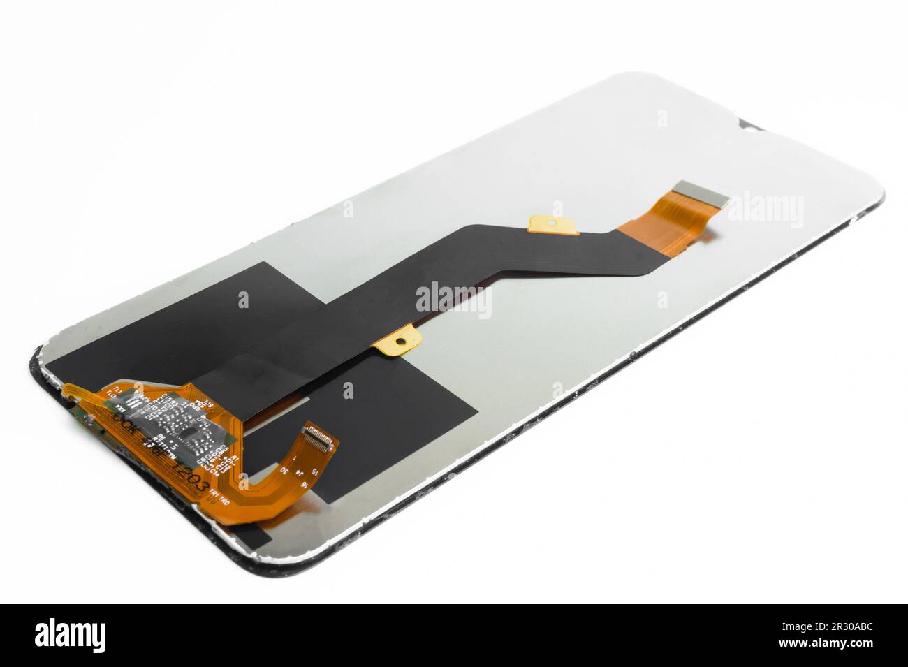 Nahaufnahme eines Smartphone-Bildschirms mit flexiblem Kabel. Ändern des Bildschirms. Bildschirmteil zur Reparatur des Smartphones Stockfoto