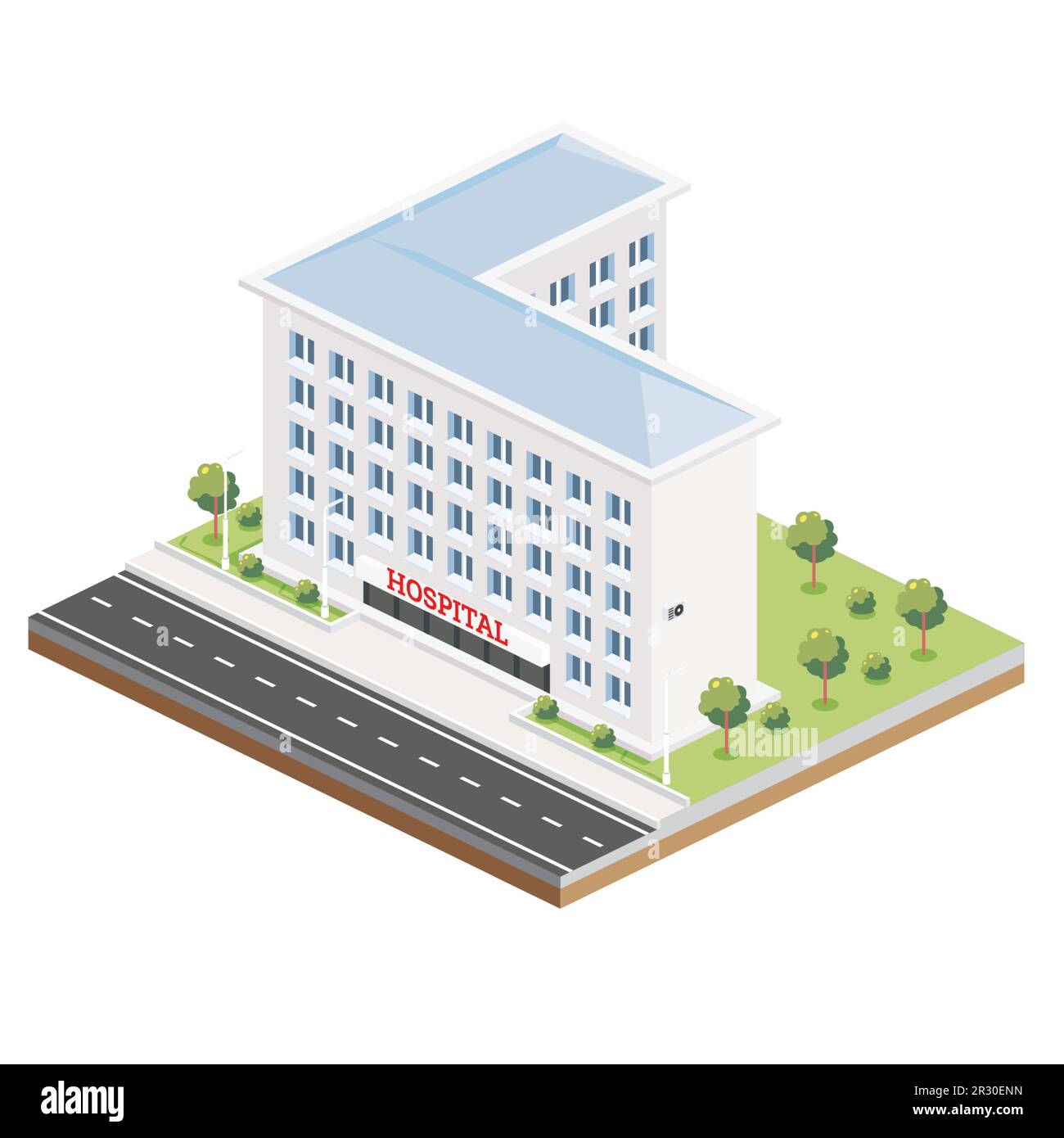 Isometrisches Krankenhausgebäude. Symbol oder Infografik-Element. Vektordarstellung. Stadtklinik. Architektonisches Symbol isoliert auf weißem Hintergrund. Stock Vektor