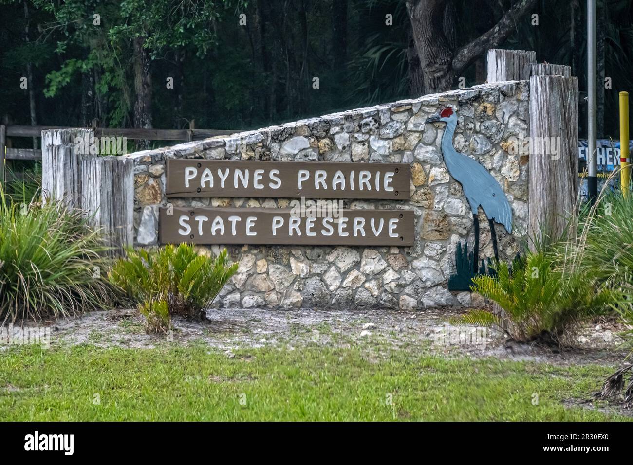 Eintritt zum Paynes Prairie State Preserve, einem fast 23.000 Hektar großen Naturschutzgebiet, im Paynes Prairie Preserve State Park in Micanopy, Florida. (USA) Stockfoto