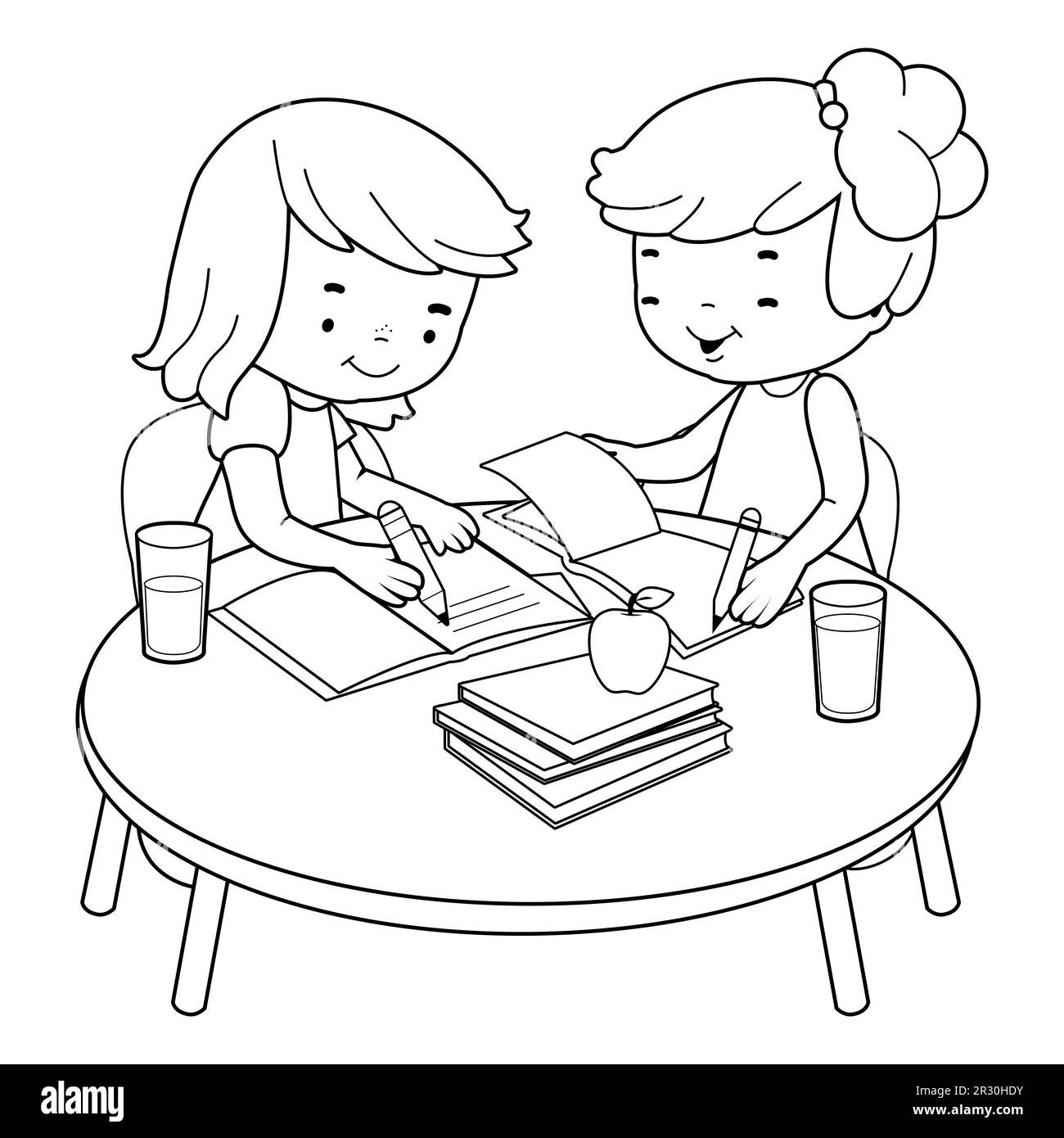 Schüler an einem Schreibtisch, die ihre Hausaufgaben machen. Schwarzweiß-Farbseite Stockfoto