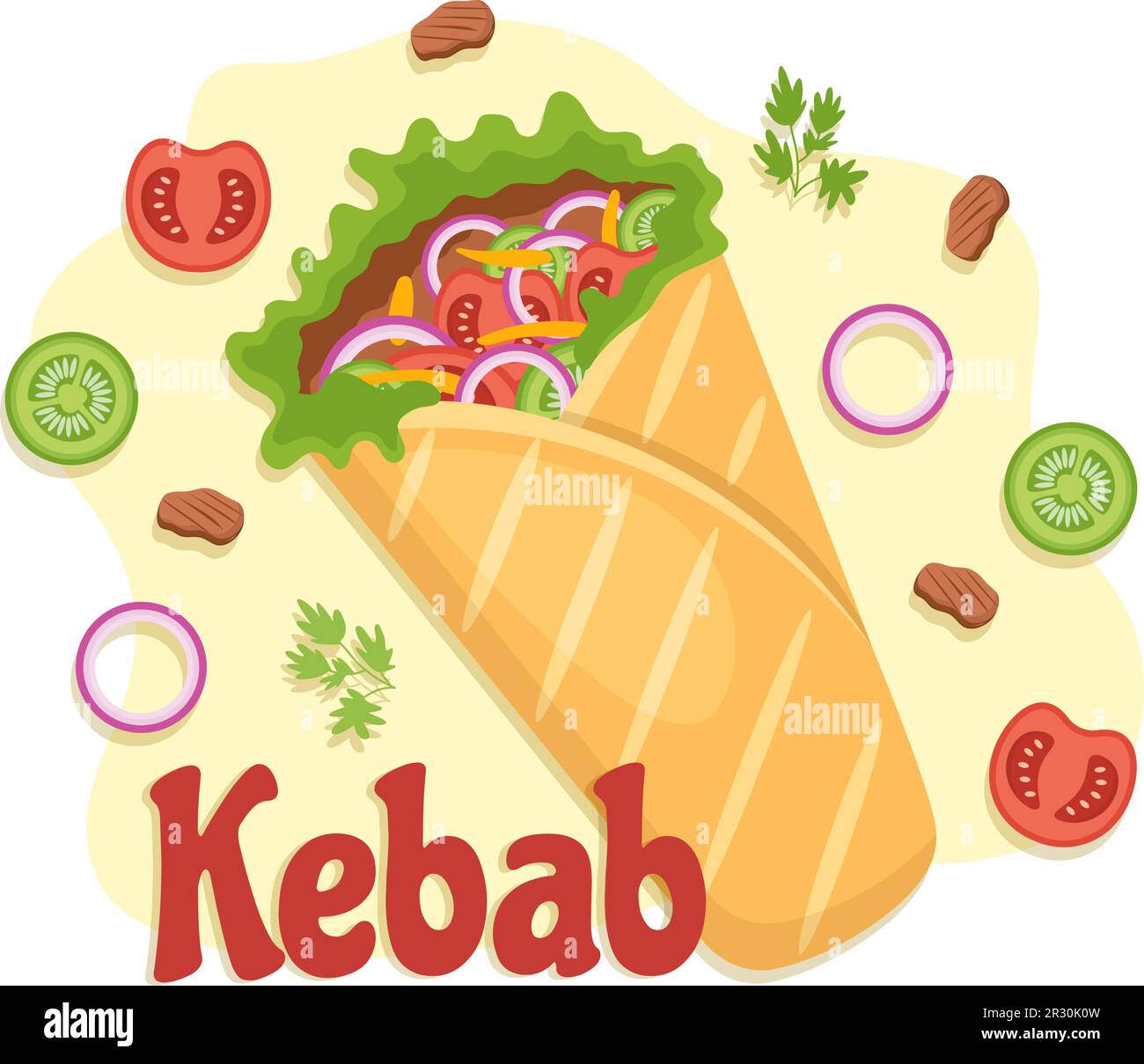 Kebab-Vektor-Illustration mit Füllung von Hähnchen- oder Rindfleisch, Salat und Gemüse in Brot, Tortilla Wrap in flachen, handgezeichneten Zeichentrickschablonen Stock Vektor