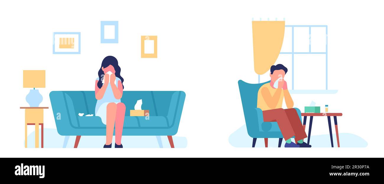 Niesende Frauen und Männer leiden zu Hause an saisonalen Allergien. Junge und Mädchen blasen Nase im Taschentuch, tränende Augen, Pollenallergie-Cartoon-Wohnung Stock Vektor