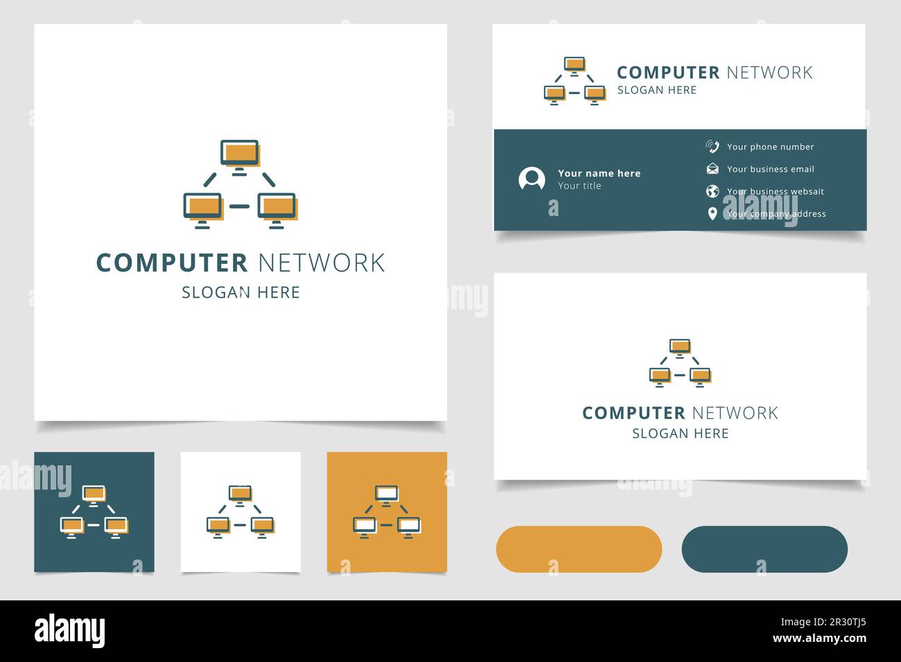 Logo des Computernetzwerks mit editierbarem Slogan. Branding-Buch und Visitenkartenvorlage. Stock Vektor
