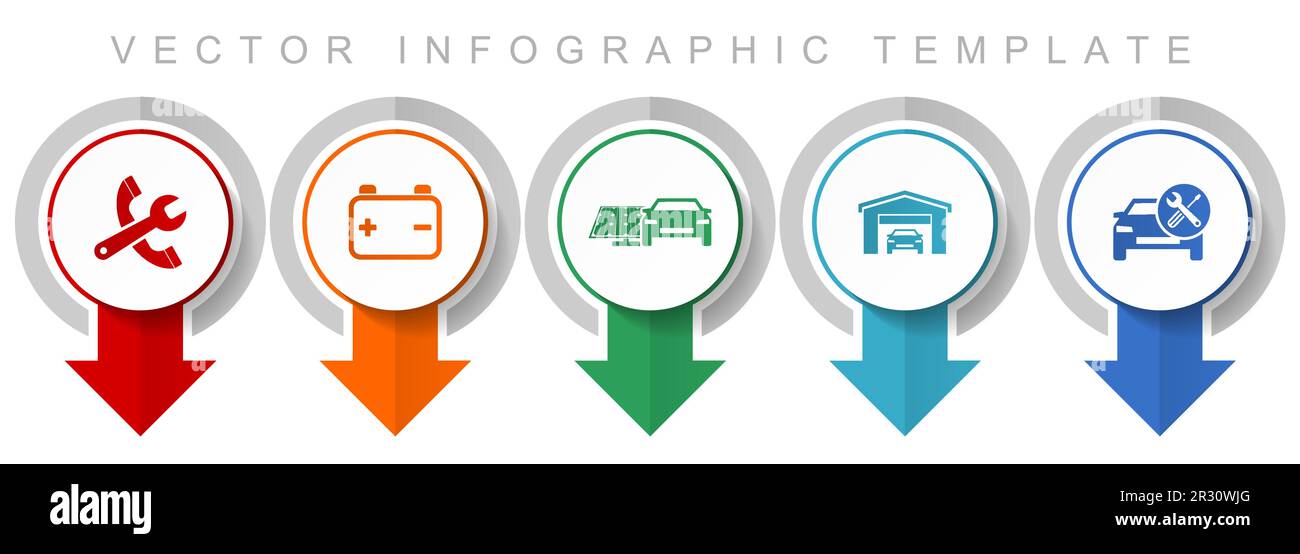 Symbolsatz für Autoservice, verschiedene Zeigersymbole wie Werkzeuge, Werkstatt, Batterie und erneuerbare Energien für webdesign und mobile Anwendungen, modern Stock Vektor