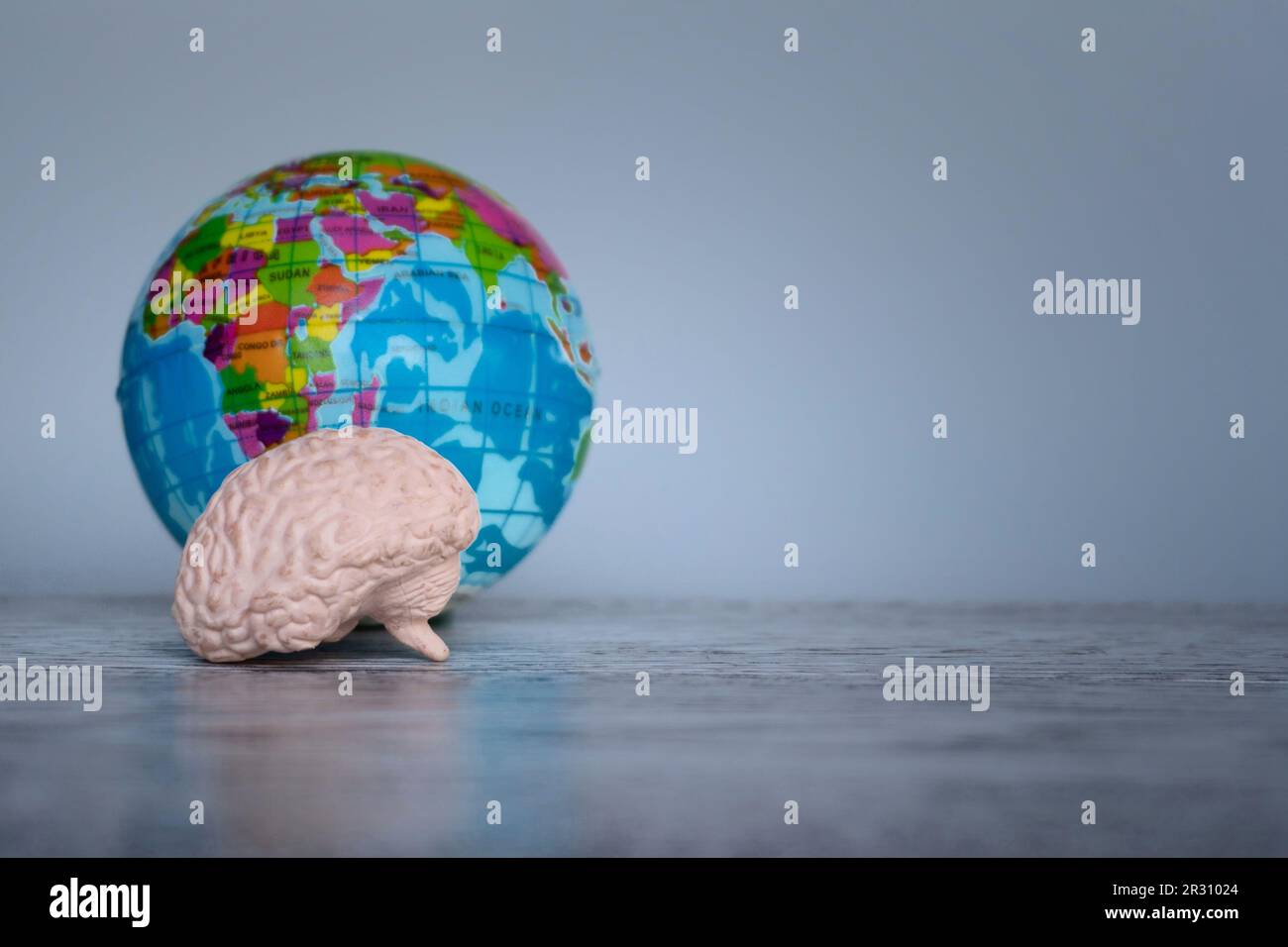 Menschliches Gehirn und Weltkugel auf dem Tisch mit Kopierraum. Weltkonzept für den Tag der psychischen Gesundheit Stockfoto