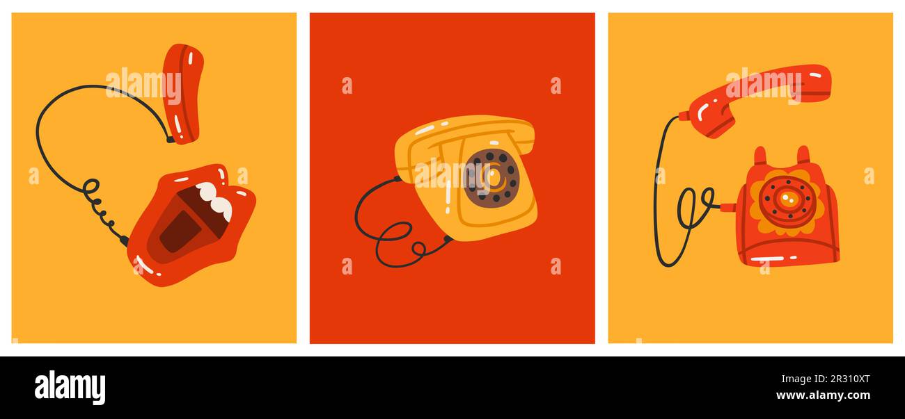 Set mit drei Retro-Cartoon-Telefonen. Kommunikationsvektorgerät. Handgezeichnete Retro-Symbole im Vintage-Stil. Darstellung des 1990er- und 1880er-Symbolvektors Stock Vektor