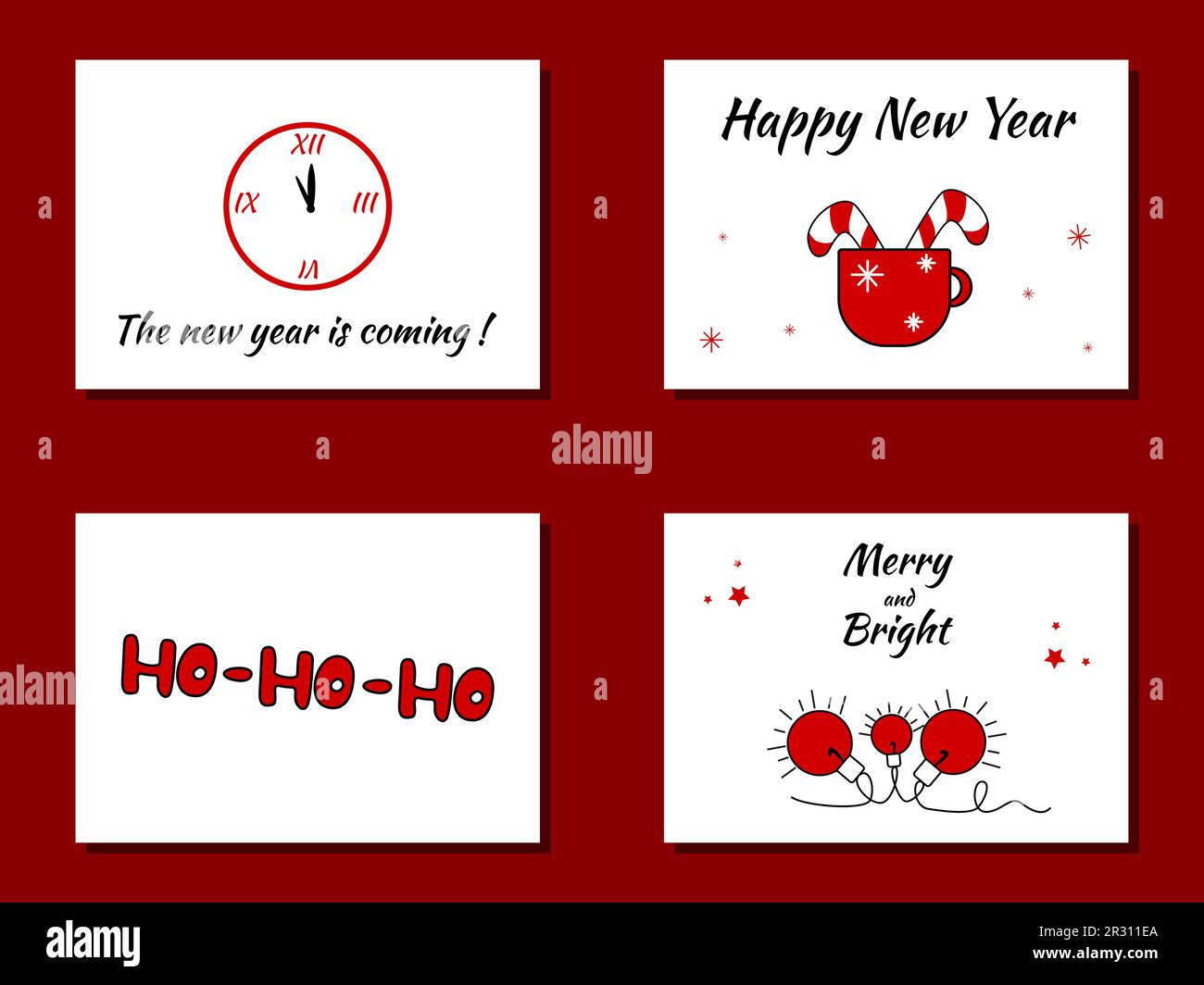 Satz Weihnachtskarten und Neujahrskarten. Fertige Postkarten und Poster. Stock Vektor