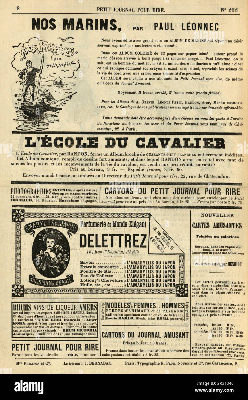 Seite mit alten französischen Zeitungsanzeigen, viktorianisches 19. Jahrhundert Stockfoto