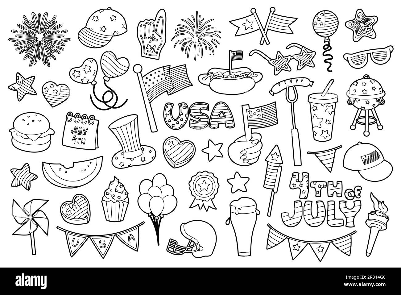4. Juli, Unabhängigkeitstag der Vereinigten Staaten von Amerika, thematische Illustrationen, handgezeichnete Vektorelemente und Objekte. Schwarz auf Weiß. Stock Vektor