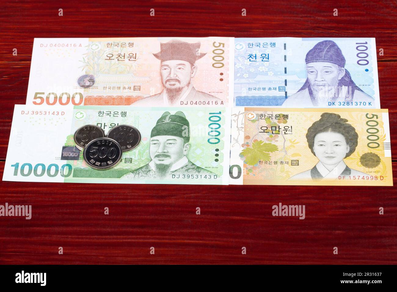 Südkoreanisches Geld - gewonnen - Münzen und Banknoten Stockfoto
