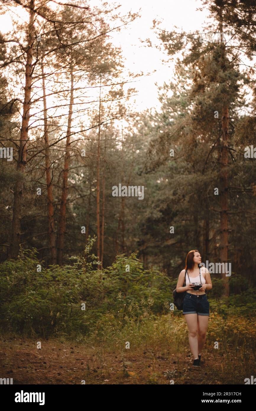 Weibliche Wanderin mit Kamera, die im Sommer im Wald wandert Stockfoto