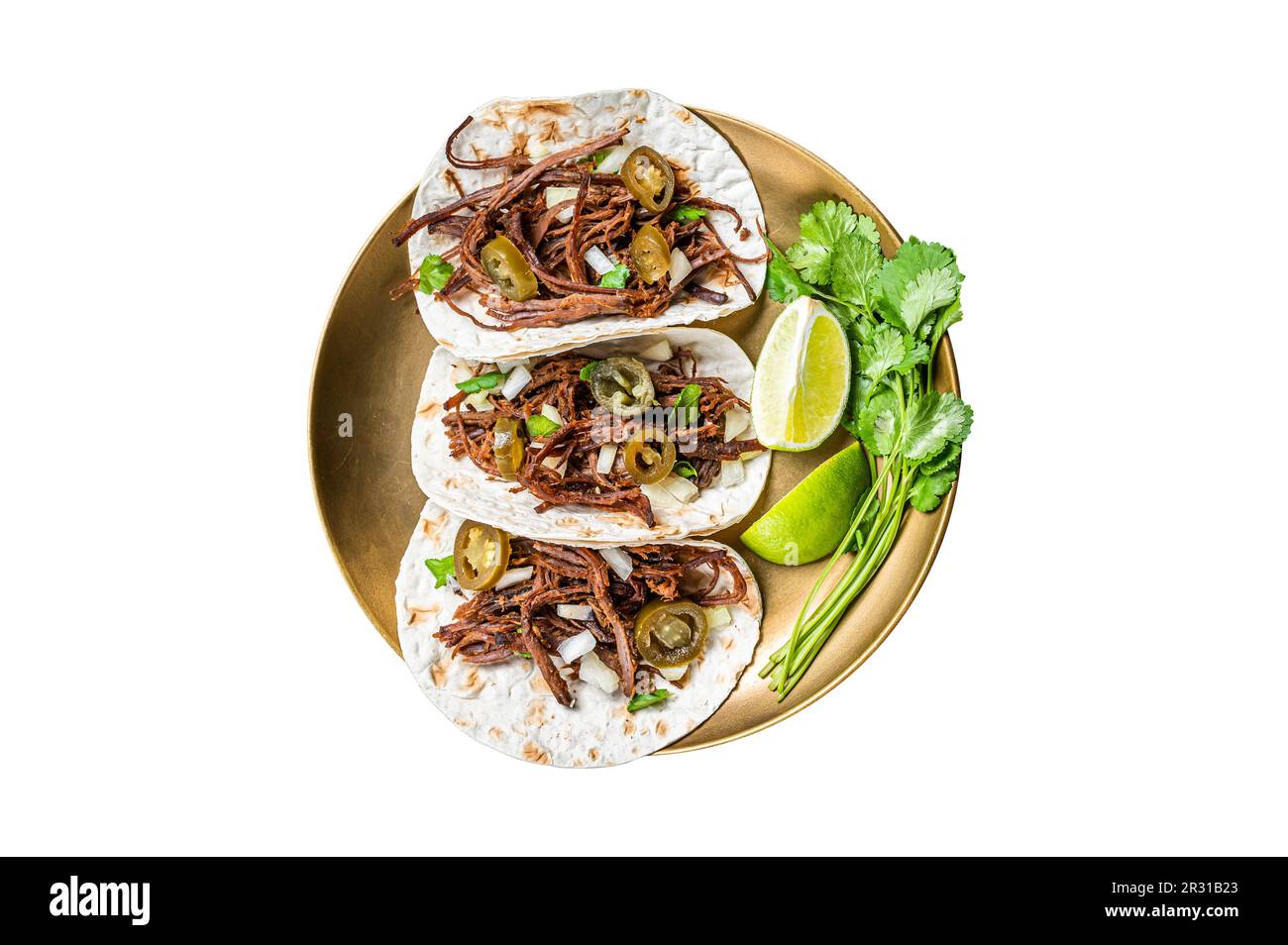 Mexikanisches Rindfleisch Barbacoa Tacos mit Cilantro und Zwiebeln. Isoliert auf weißem Hintergrund Stockfoto