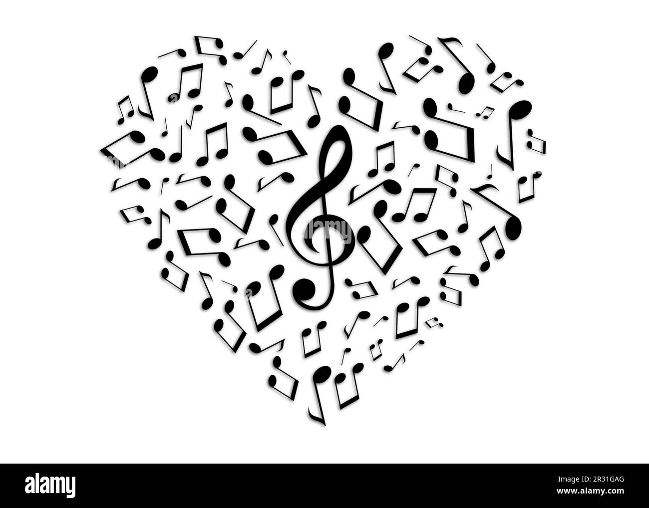 Herzform mit vielen Noten und Höhen auf weißem Hintergrund Stockfoto