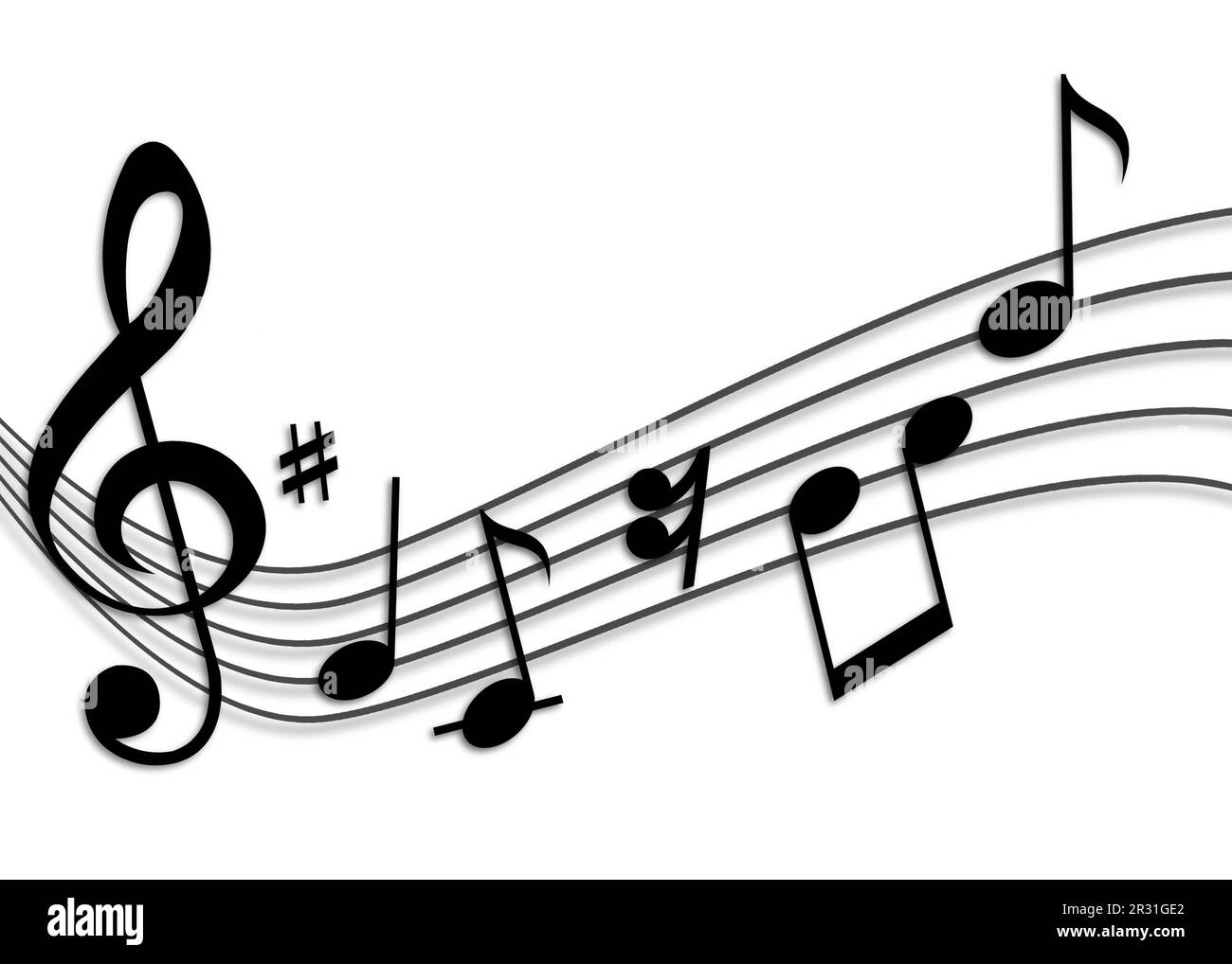 Personal mit Höhen und musikalischen Noten auf weißem Hintergrund Stockfoto