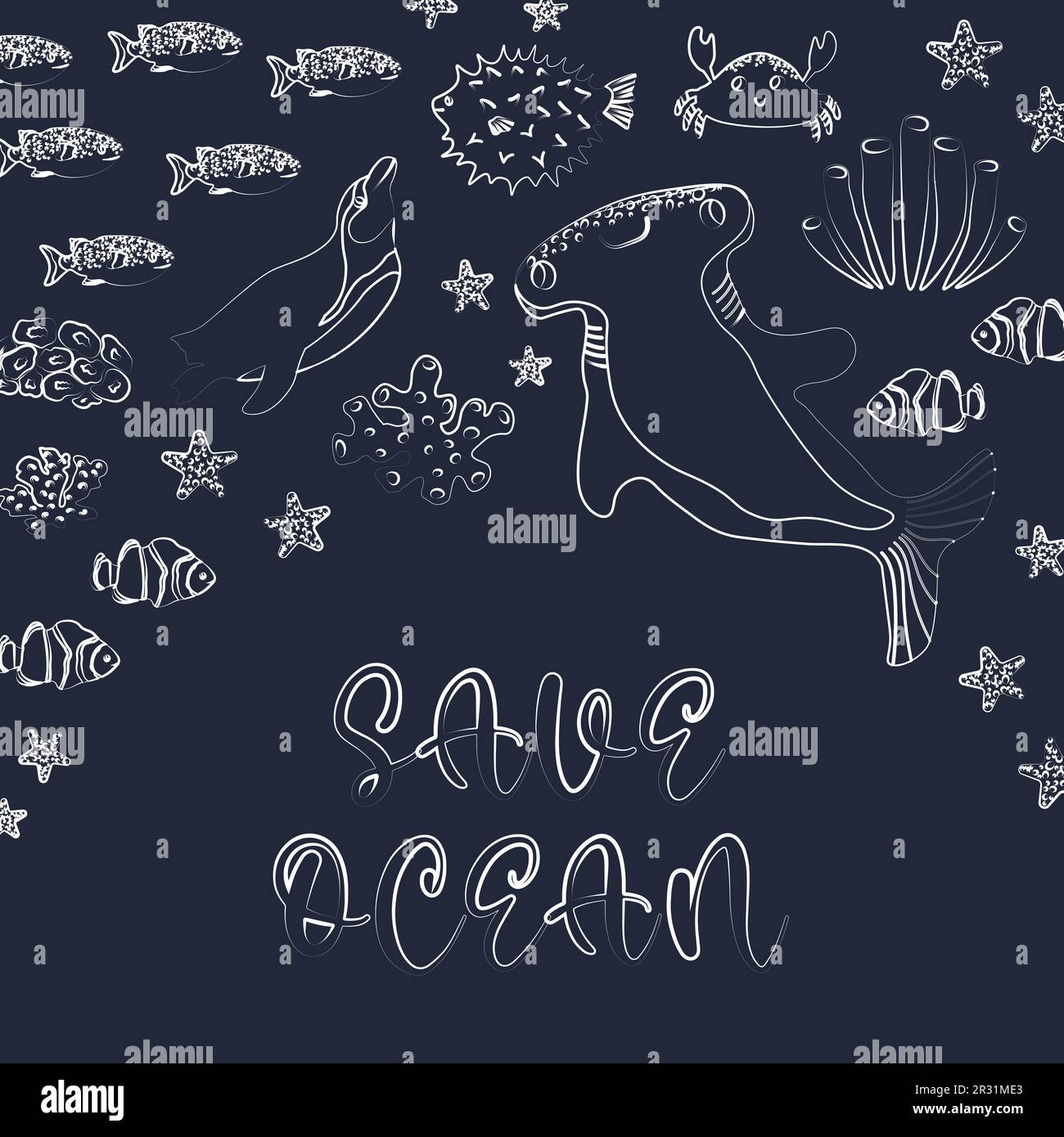 Vektor Ozean Illustration mit Pinguin, Hammerhaie Fische, Korallen. Save Ocean - Moderne Schrift. Unterwasser Meerestiere. Ökologisches Design für Banner Stock Vektor