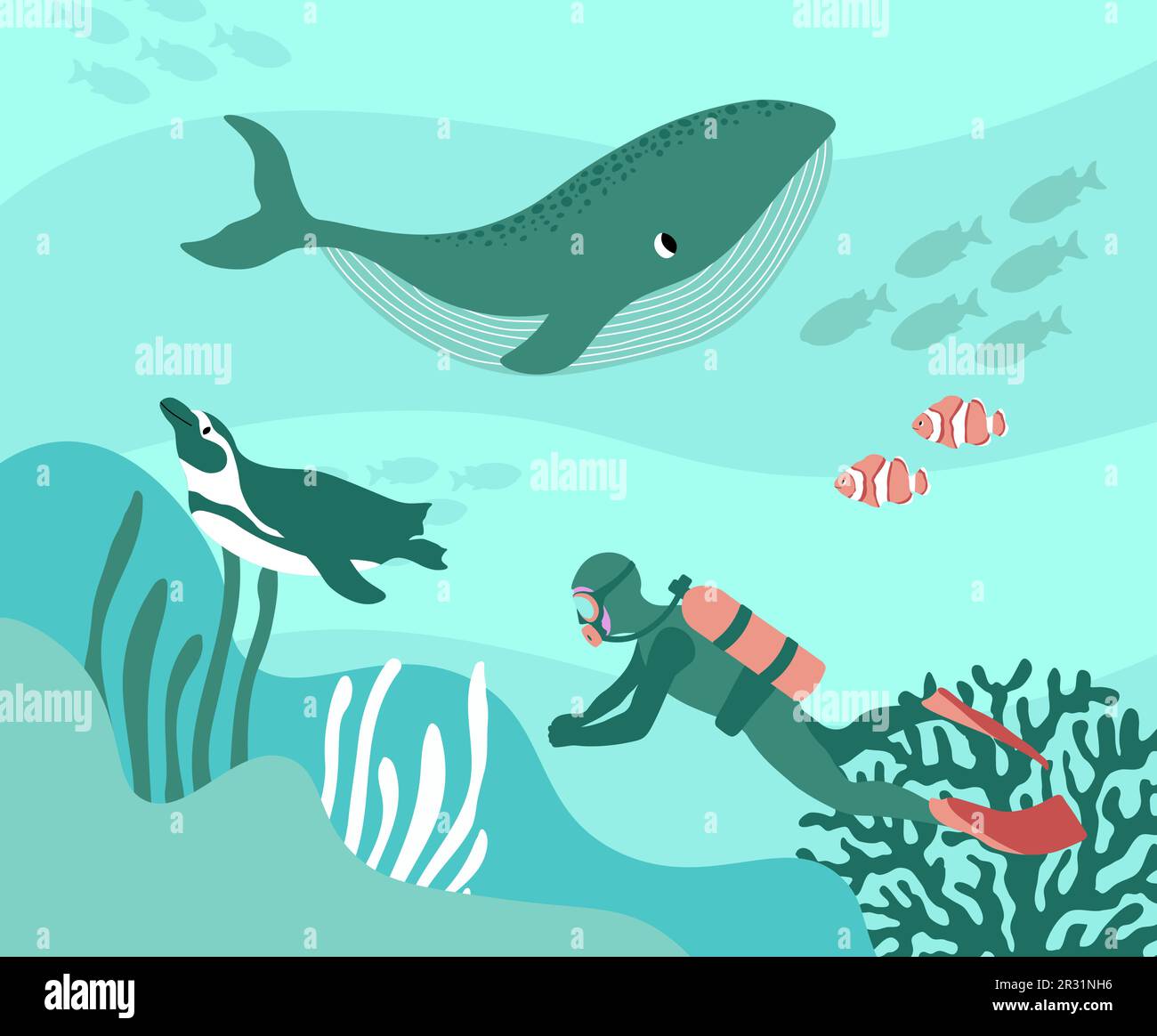 Vektor Ozean Illustration mit Taucher, Pinguin, Clownfisch, Algen, Korallen. Unterwasser Meerestiere. Tauchen. Ökologisches Design für Banner, Flyer, Postkarten Stock Vektor