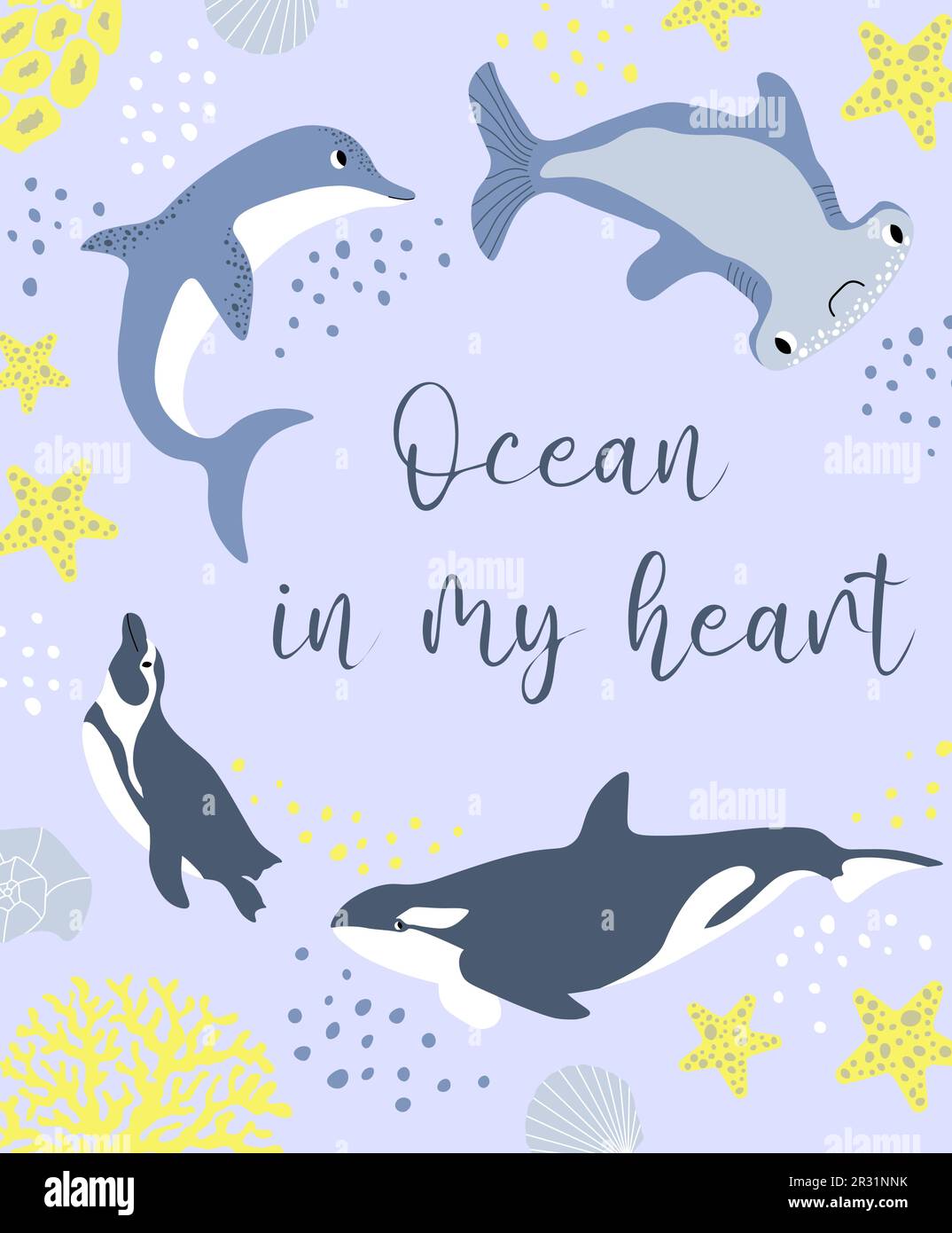 Vektor Ozean Illustration mit Pinguin, Delfin, Killerwal, Hammerhaie Fische, Korallen. Ozean in meinem Herzen - moderne Schrift. Unterwassertiere. Ökologie Stock Vektor