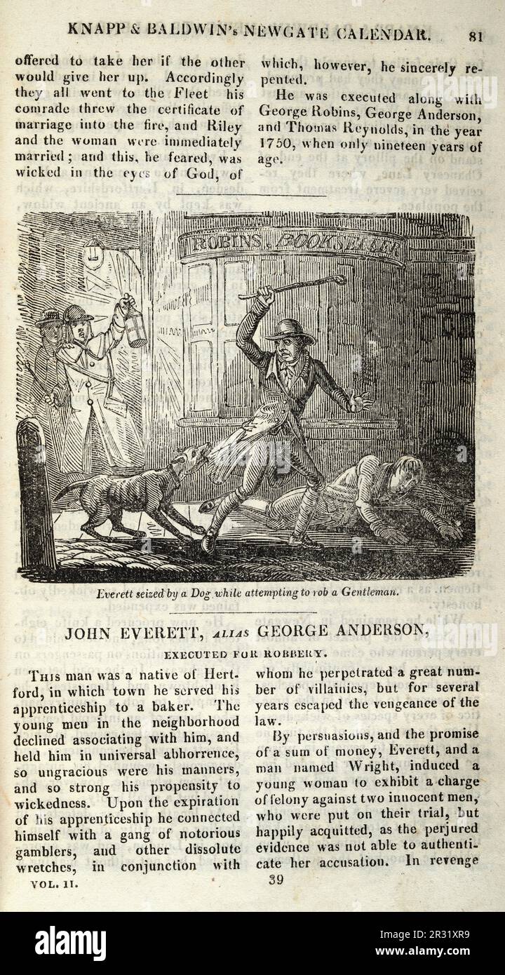 Page aus dem Newgate Kalender, Dog attackiert John Everett, während er einen Straßenraub gegen einen Gentleman versuchte, 18. Jahrhundert, Geschichte des Verbrechens, Vintage Illustration Stockfoto
