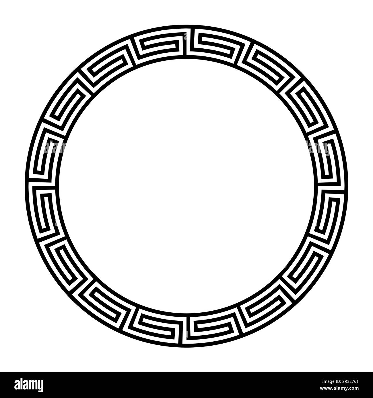 Griechische Fritten-Verzierung, kreisförmiger Rahmen mit nahtlosem Meander-Muster. Ein dekorativer runder Rahmen aus durchgehenden Linien. Stockfoto
