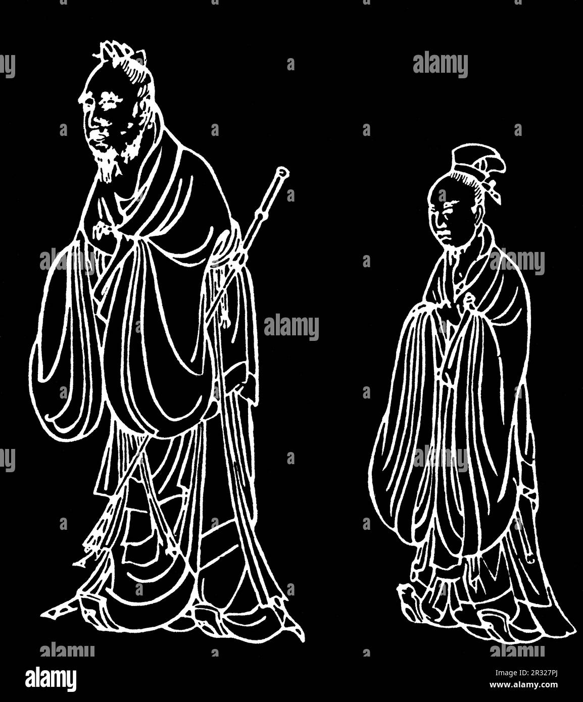 Konfuzius und Yan Hui, 1095. Konfuzius (C551-c479BC) war ein chinesischer Philosoph und Politiker der Frühlings- und Herbstperiode. Von einem Reiben einer eingenähten Steintafel gesponsert von Kong Duanyou im Tempel des Konfuzius, Qufu, Shandong, China. Nördliche Song-Dynastie, 1095. Stockfoto
