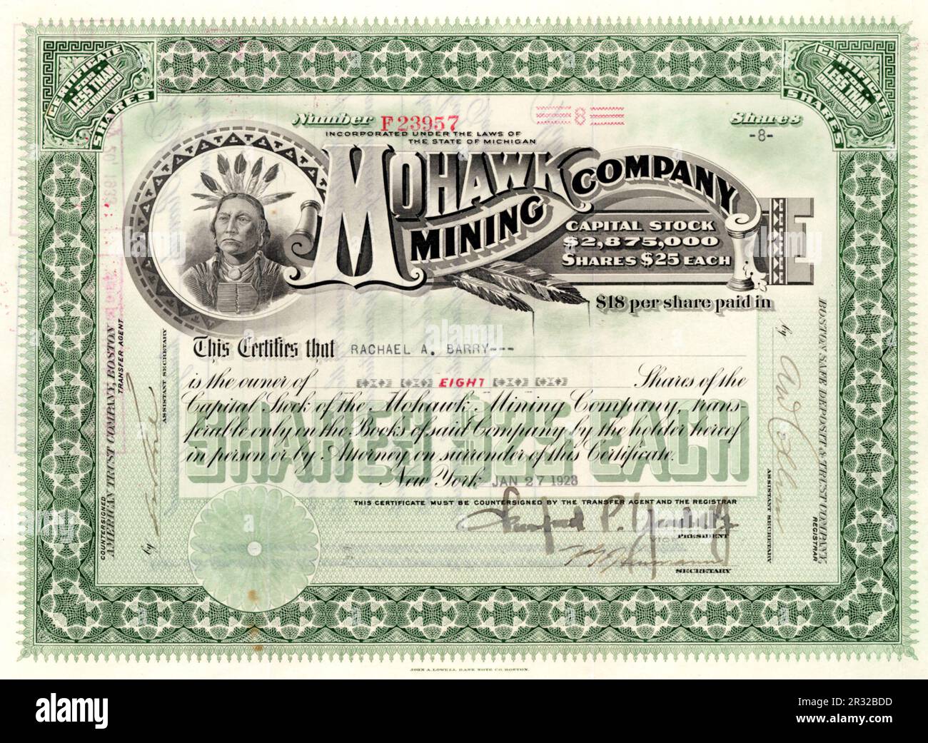 Vintage Paper Stock Certificate, Usa Stockfoto