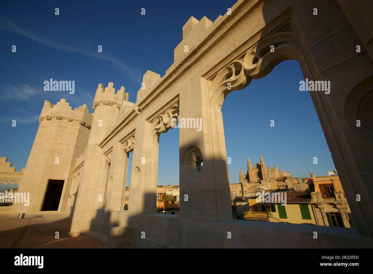 La Seo desde La Lonja. La Llotja, siglo XV Palma. Mallorca Islas Baleares. España. Stockfoto