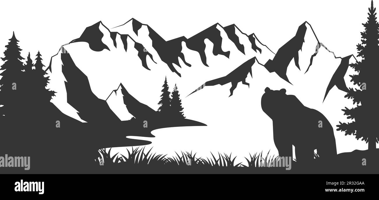 vector Mountains Wald Waldstruktur Hintergrund nahtloses Muster mit braunem Grizzlybär Stock Vektor