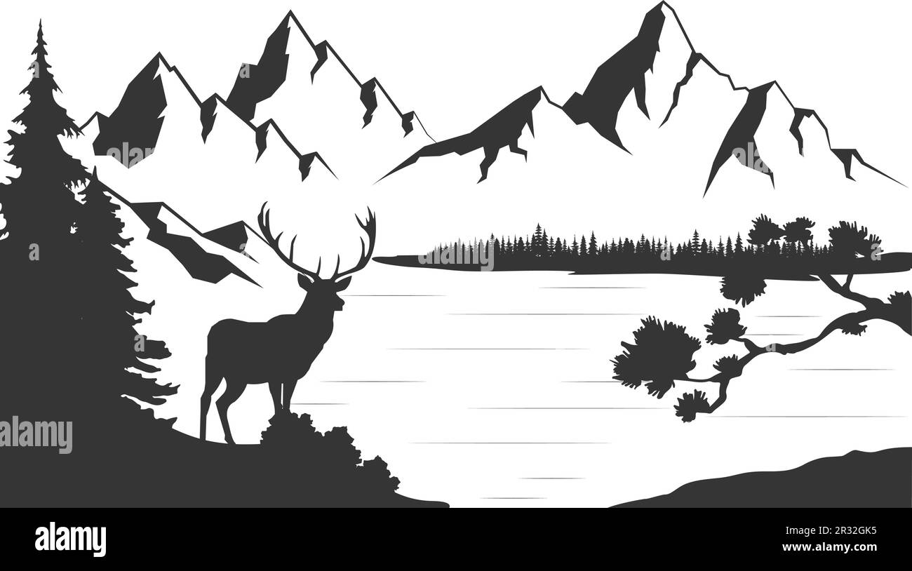 Hirschherde im Naturwald. Wilde Tiere. Berge Horizont Hügel Silhouetten von Bäumen. Darstellung des Vektorstils Stock Vektor
