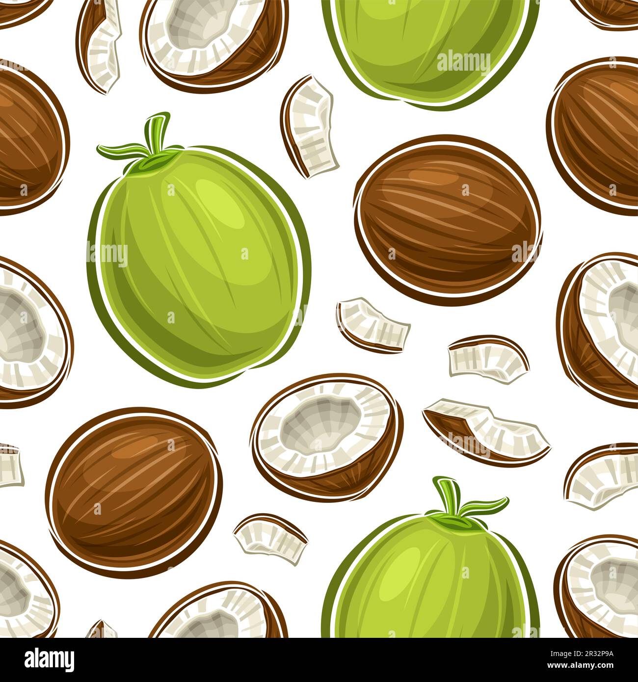 Vector Coconut Seamless Pattern, dekorativer, sich wiederholender Hintergrund mit ausgeschnittener Darstellung reifer ganzer Kokosnüsse und gerissener Kokosnüsse für Geschenkpapier, grou Stock Vektor