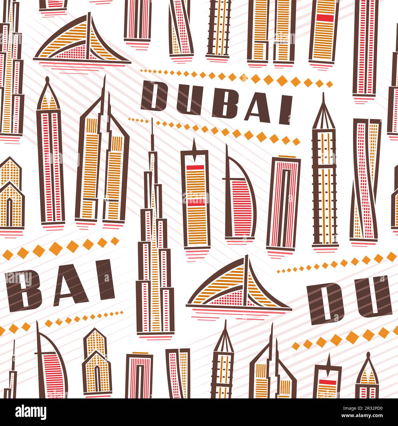 Vector Dubai Seamless Pattern, quadratischer, sich wiederholender Hintergrund mit Illustration der berühmten modernen stadtlandschaft von dubai auf weißem Hintergrund für Geschenkpapier, Stock Vektor