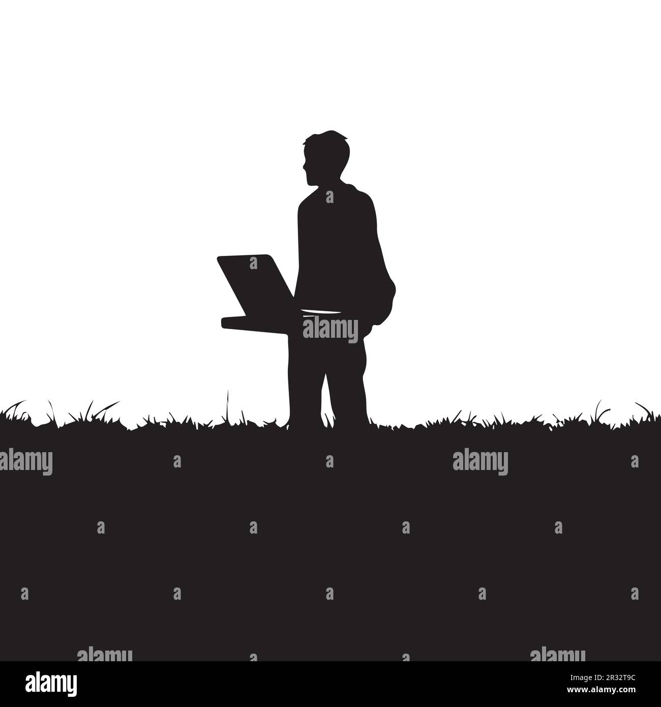 Die Silhouette einer Person mit einem Laptop vor einem weißen Hintergrund. Stock Vektor