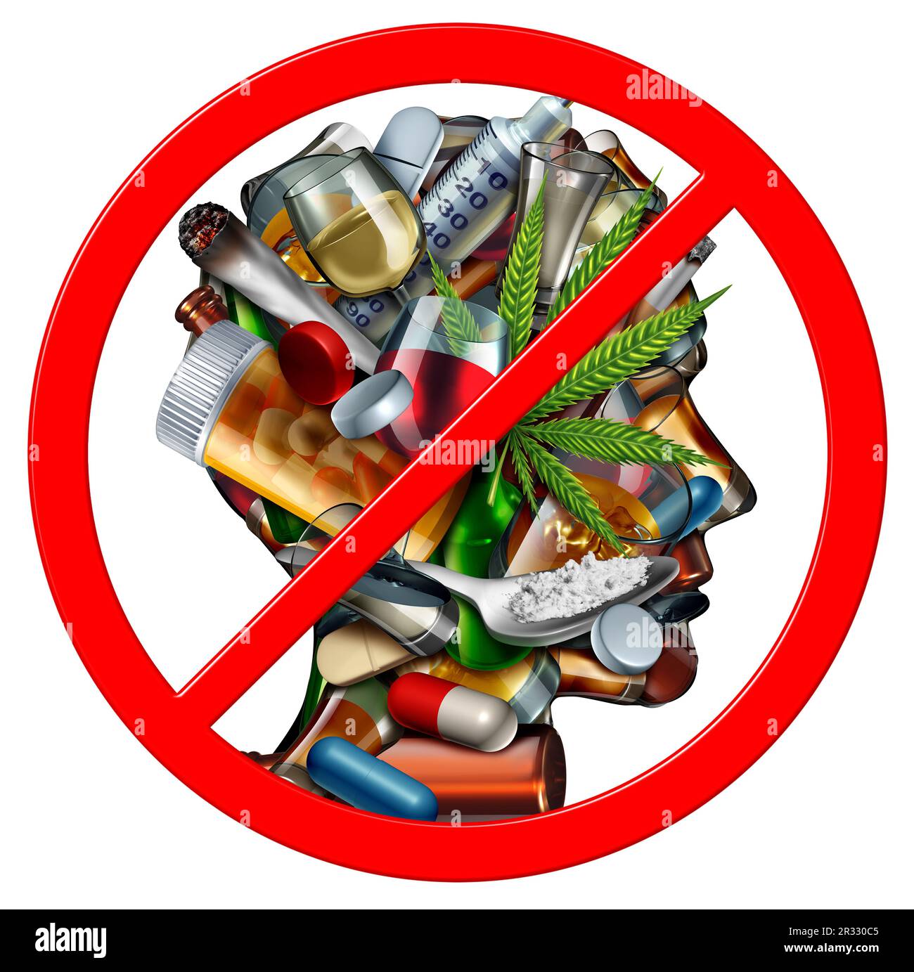 Suchtbekämpfung Drogen und Medikamente für Drogenabhängigkeit oder Suchtsucht Behandlung und Heilung durch Medizin mit Kokain Heroin Cannabisalkohol und Stockfoto